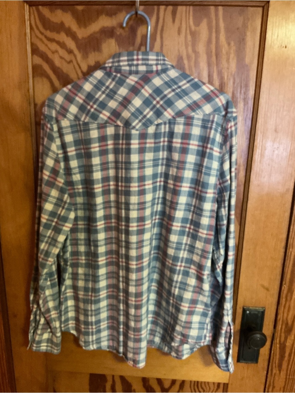Lucky Brand Western Plaid Pearl Snap Button Up Shirt Large Blue Red Cotton - Picture 10 of 10
